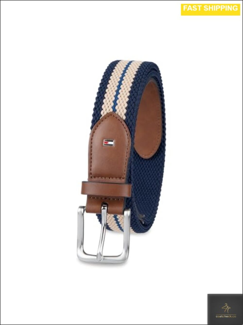 Tommy Hilfiger Men's Woven Adjustable Belt Nickel Harness Buckle Leather Accents